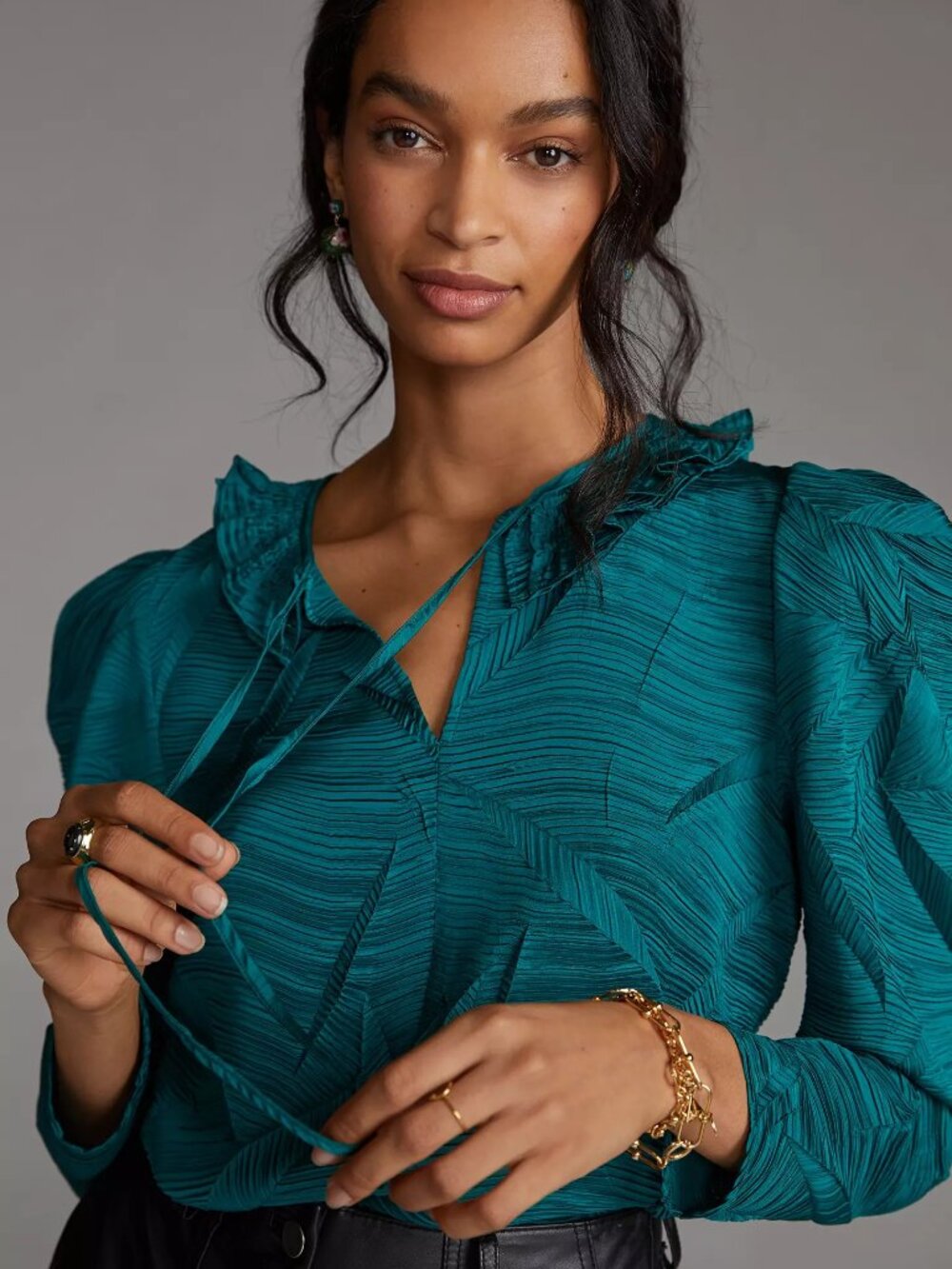 Anthropologie Current Air Emerald Green Collared Puff Sleeved  Blouse Small